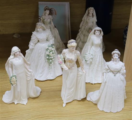 Seven commemorative Coalport figures: Queen Victoria, Princess Alexandra, Queen Elizabeth the Queen Mother, Diana Princess of Wales,